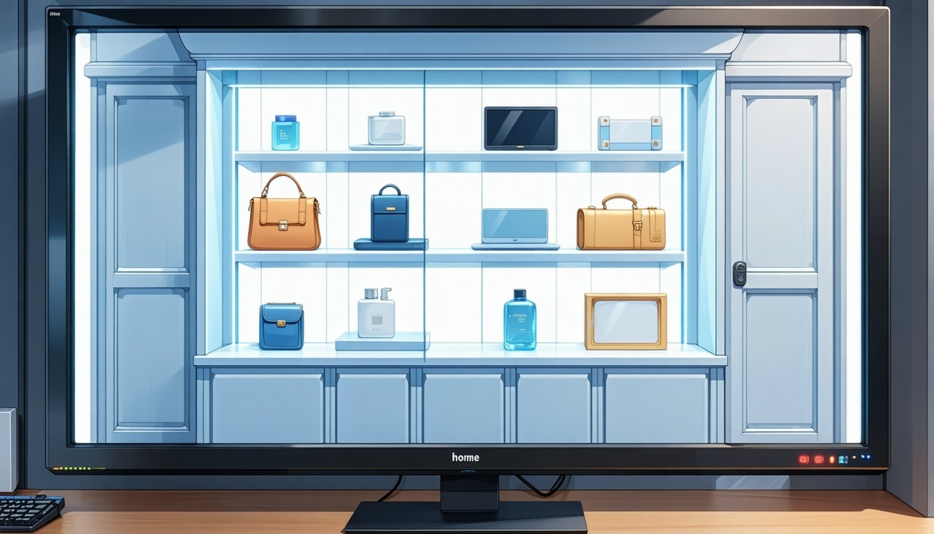 show a digital storefront with home and living products on a monitor-1