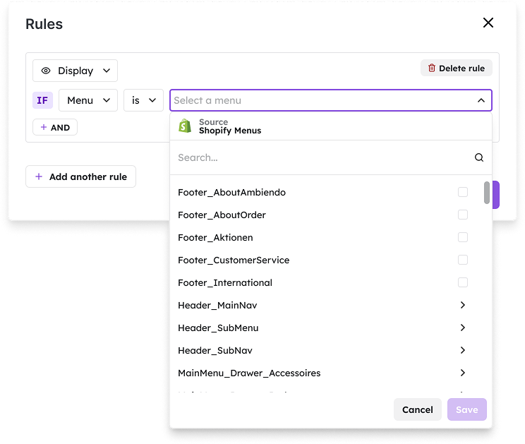 rule builder modal mit dropdown